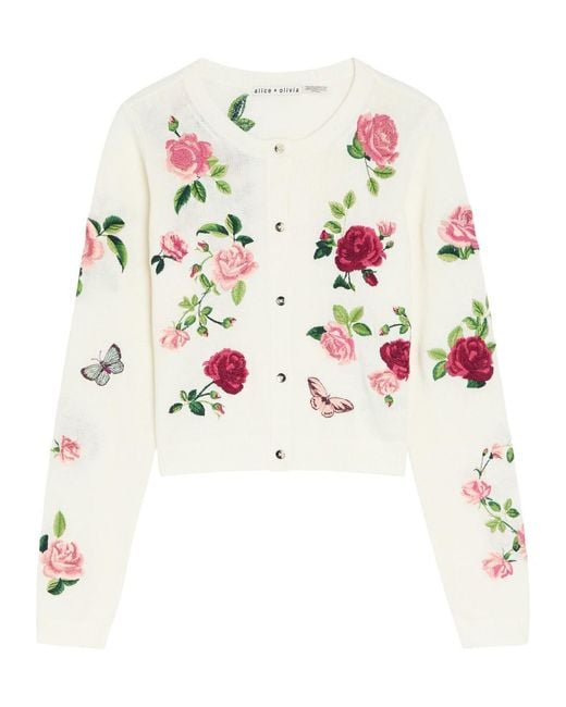 Alice + Olivia White Dollie Floral-Embroidered Knit Cardigan