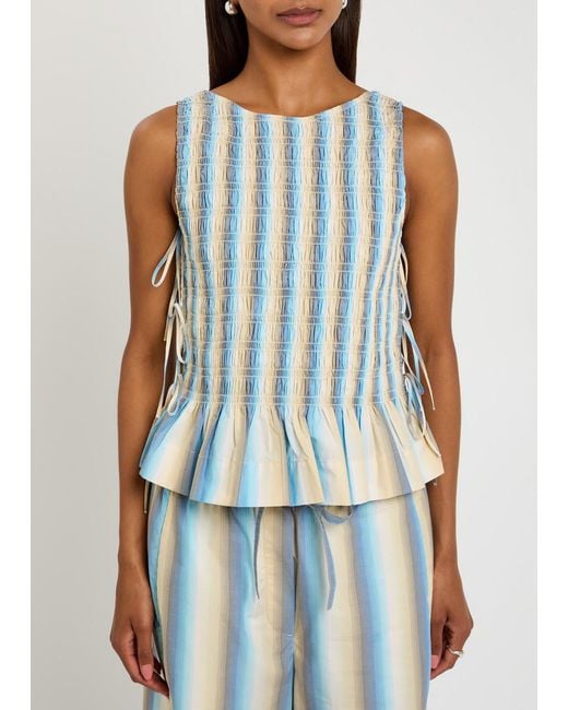 Ganni Blue Ombre Stripe Smocked Cotton-Poplin Top