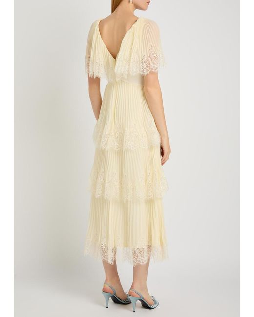 Self-Portrait Natural Tiered Lace-Trim Plissé Chiffon Midi Dress