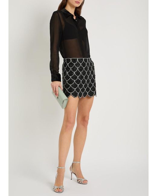 Alice + Olivia Black Rubi Embellished Scalloped Stretch-Mesh Mini Skirt