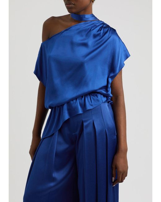 Alice + Olivia Blue Mitsuko Draped Off-The-Shoulder Satin Top