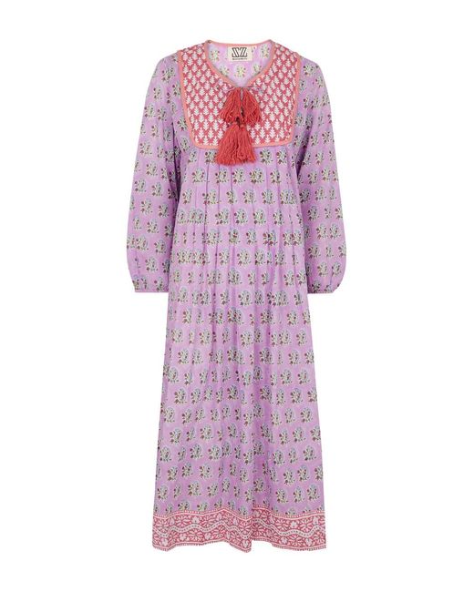 SZ Blockprints Purple Kitty Printed Cotton Midi Dress