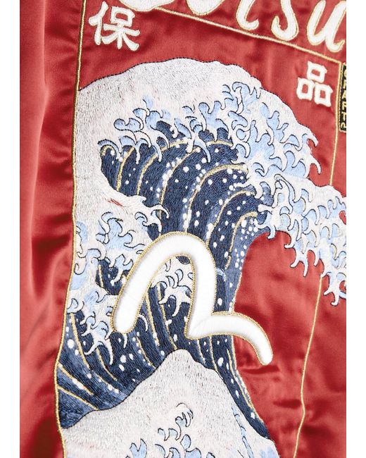 Evisu Red Seagull And The Great Wave Reversible Satin Varsity Jacket for men