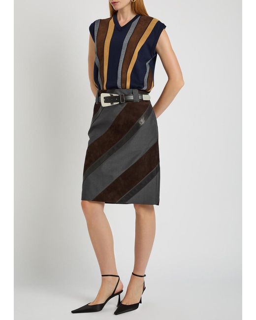 Versace Black Panelled Leather And Mohair-Blend Knee-Length Skirt