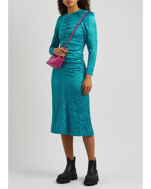 Ganni Blue Crinkled Ruched Satin Midi Dress