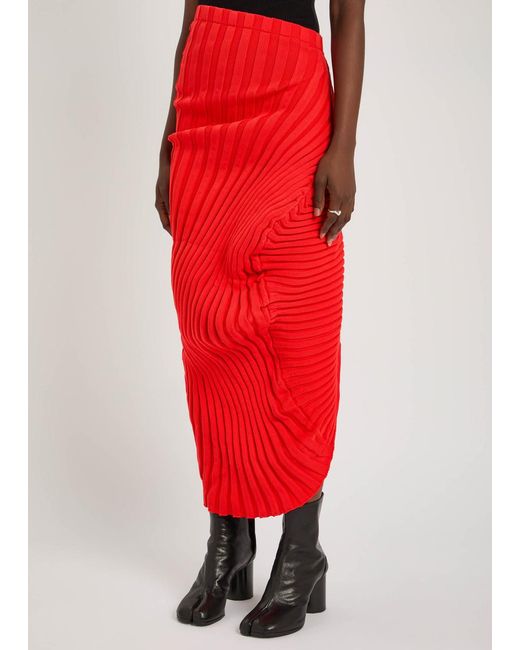 Issey Miyake Red Asymmetric Ribbed-Knit Midi Skirt