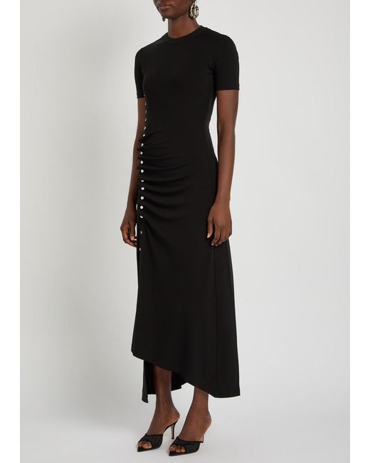 Rabanne Black Gathered Asymmetric Stretch-Jersey Midi Dress
