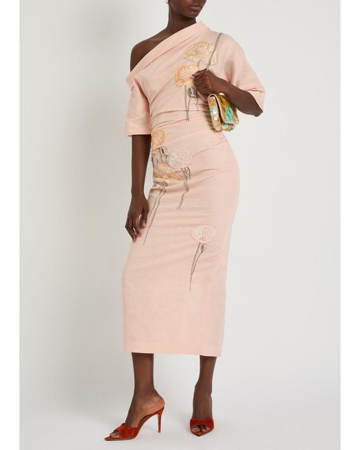 BERNADETTE Pink Bowery Floral-Embroidered Cotton-Blend Midi Dress