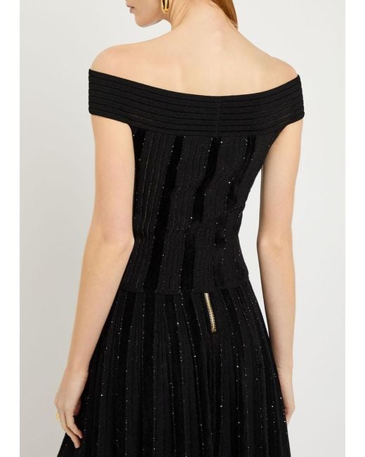Balmain Black Sequin-Embellished Stretch-Knit Top