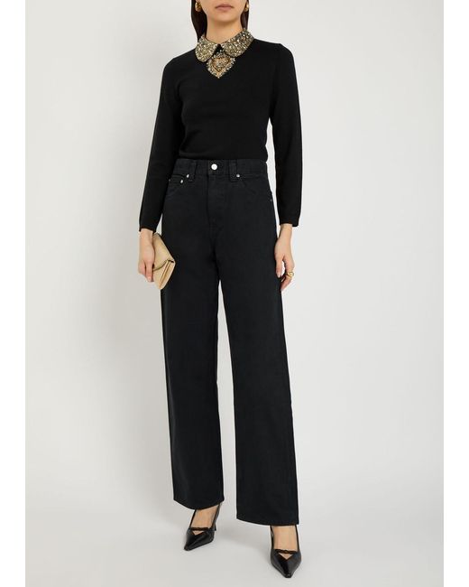 Alice + Olivia Black Porla Embellished Stretch-Wool Top