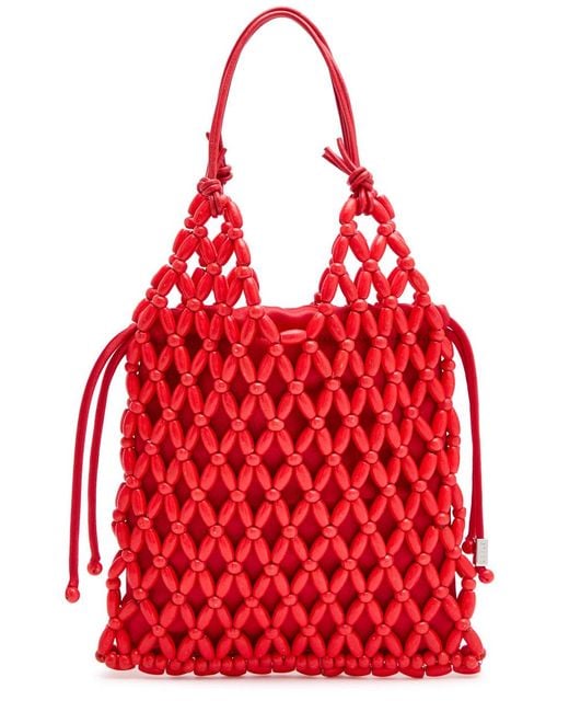 Staud Red Karla Leather And Wooden-Bead Top Handle Bag