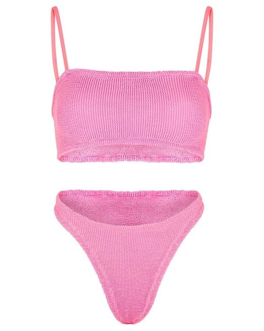 Hunza G Pink Gigi Seersucker Bikini, Square-Neck, Elasticated, Hand Wash, Seersucker Bikini