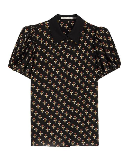 Alice + Olivia Black Willa Printed Silk Blouse