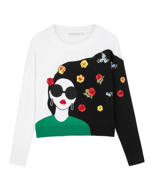 Alice + Olivia Green Alice + Olivia Gleeson Stace Face Embroidered Stretch-wool Jumper