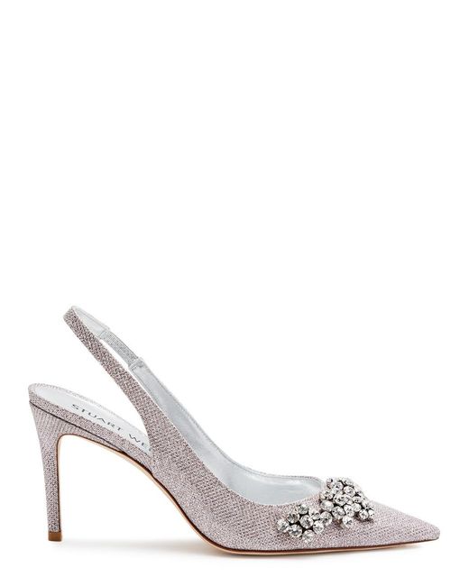 Stuart Weitzman White Crystal Fleur 85 Slingback Pumps