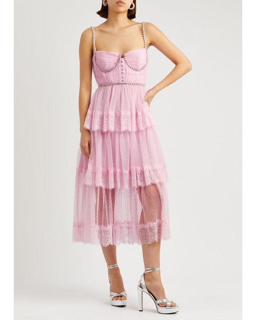 Self-Portrait Pink Crystal-Embellished Point D'Esprit Midi Dress