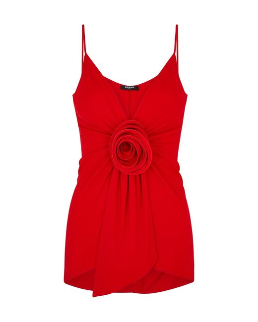Balmain Red Floral-Appliquéd Jersey Top