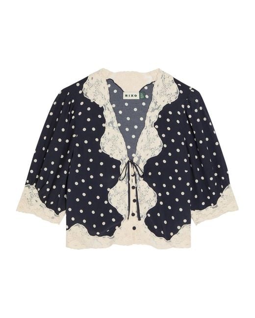Rixo Blue Ursula Polka Dot Crepe De Chine Top