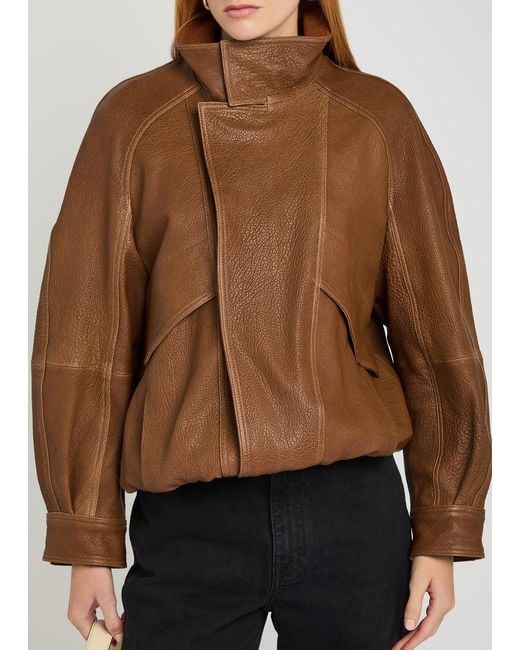 Nour Hammour Brown Ariste Panelled Grained Leather Bomber Jacket