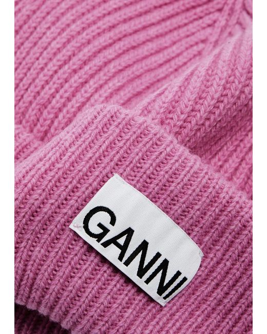 Ganni Pink Fitted Ribbed Wool-blend Beanie