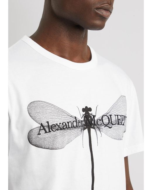 Alexander McQueen White Dragonfly Printed Cotton T-Shirt for men