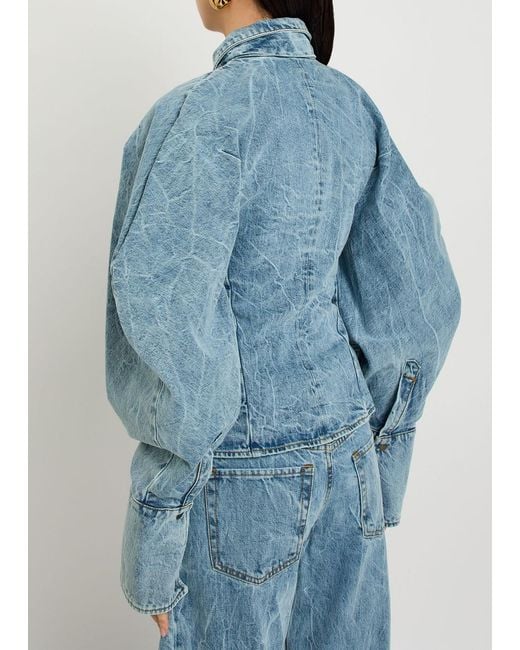 A.W.A.K.E. MODE Blue Tie-Neck Washed Denim Shirt