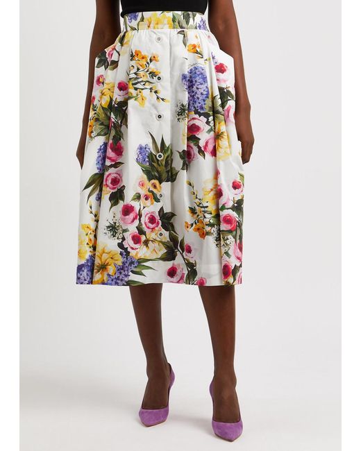 Dolce & Gabbana White Floral-print Cotton Midi Skirt