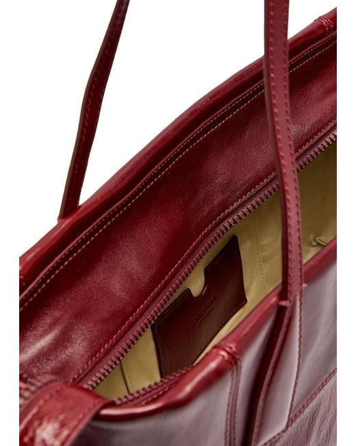 Balmain Red Track Zip Small Glossed Leather Tote Bag