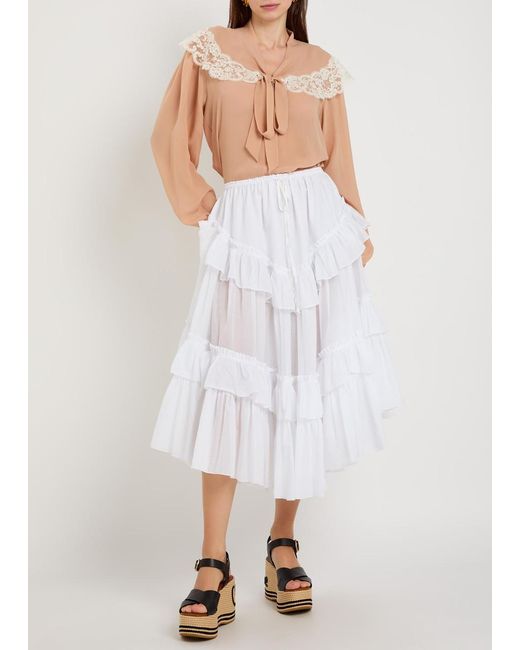 Chloé Natural Lace-Trim Silk-Georgette Blouse