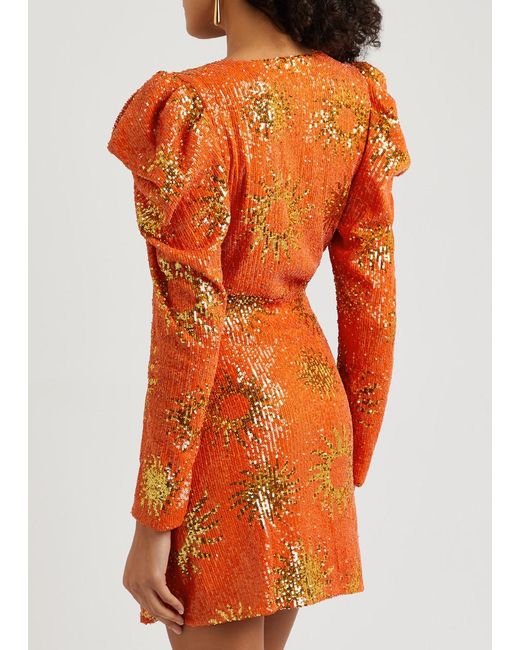 Farm Rio Orange Sunny Mood Sequin Mini Dress