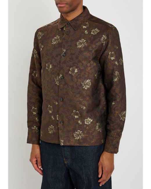 Les Deux Brown Kaleb Floral-Jacquard Woven Overshirt for men