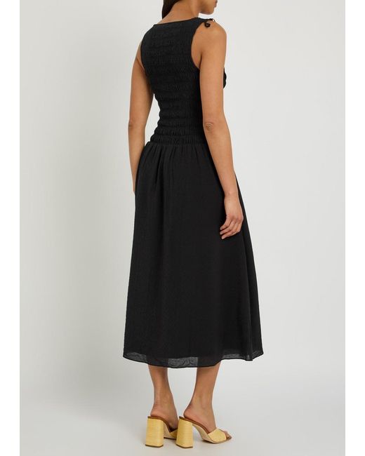 PAIGE Black Sebestian Shirred Woven Midi Dress