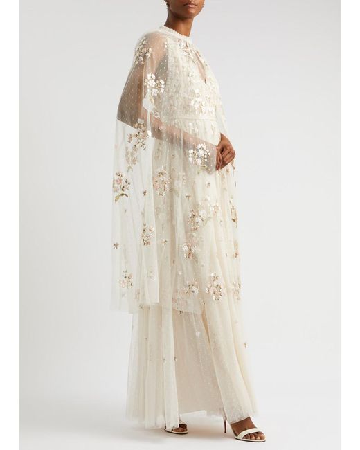Needle & Thread Natural Posy Floral-Embroidered Tulle Cape