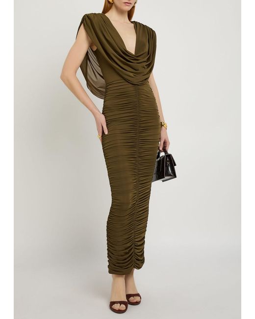 Ronny Kobo Women's Green Parish Cowl-Neck Ruched Stretch-Mesh Midi Dress Ronny Kobo Women's Green Parish Cowl-Neck Ruched Stretch-Mesh Midi Dress