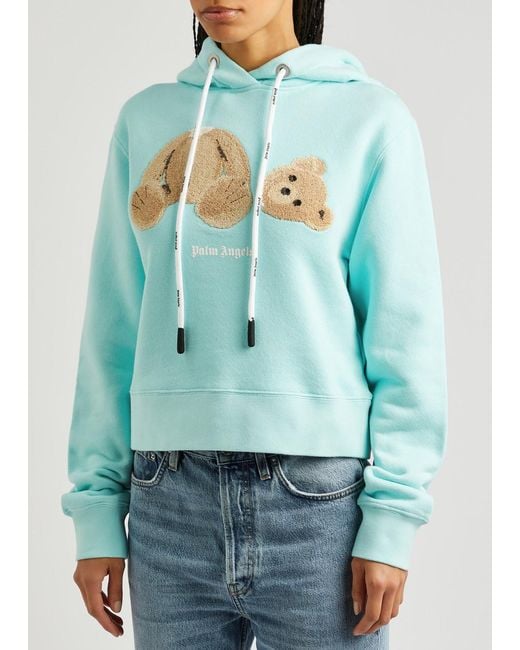 Palm Angels Blue Bear-appliquéd Hooded Cotton Sweatshirt