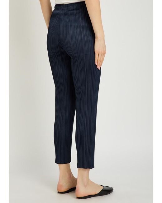 Pleats Please Issey Miyake Blue Pleated Tapered-Leg Woven Trousers