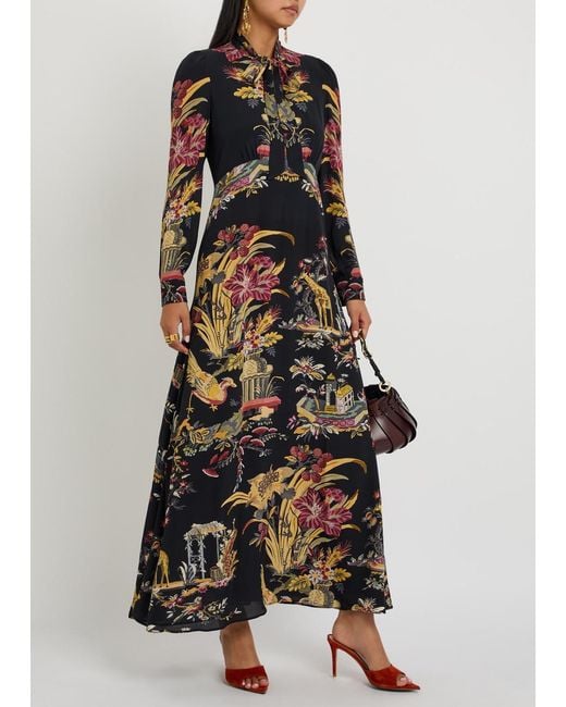 Etro Black Floral Print Chiffon Midi Dress