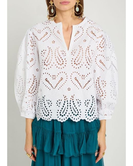 Etro White Open-Embroidery Cotton-Blend Blouse