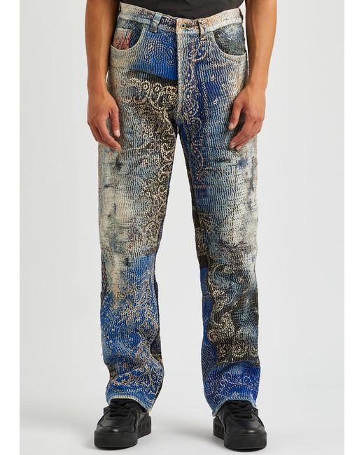 PROLETA-RE-ART Blue Boro Patchwork Distressed Straight-Leg Jeans for men