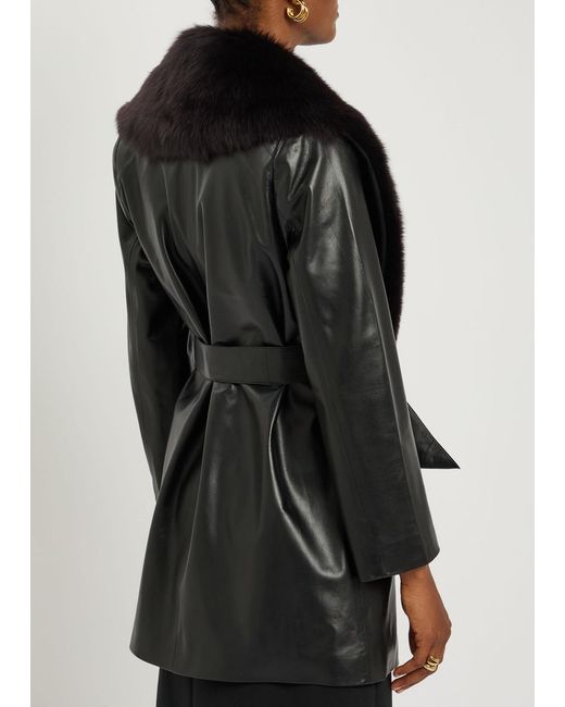Nour Hammour Black Kelsey Fur-Trimmed Belted Leather Jacket
