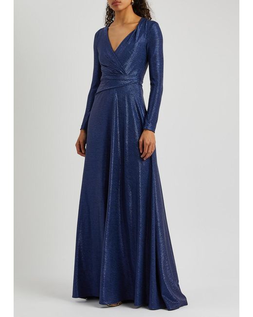 Talbot Runhof Blue Wrap-effect Metallic Gown