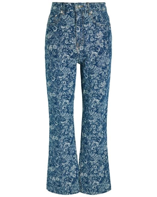Ganni Blue Betzy Floral-Jacquard Bootcut Jeans