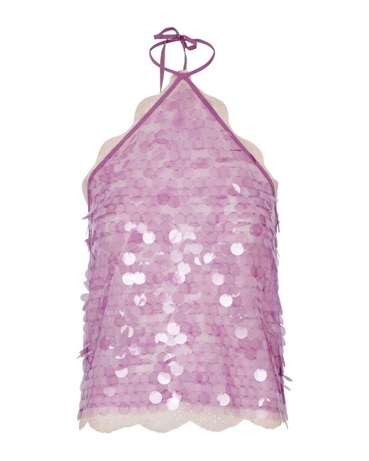Siedres Purple Negy Paillette-Embellished Halterneck Lace Top