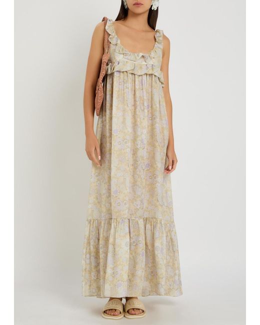 Chloé Natural Floral-Print Frill Silk Maxi Dress