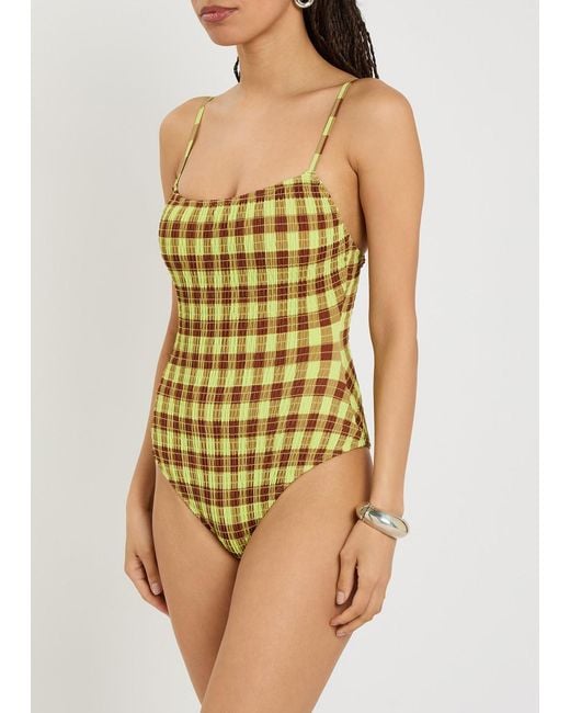 Damson Madder Yellow Lilibet Checked Smocked Swimsuit