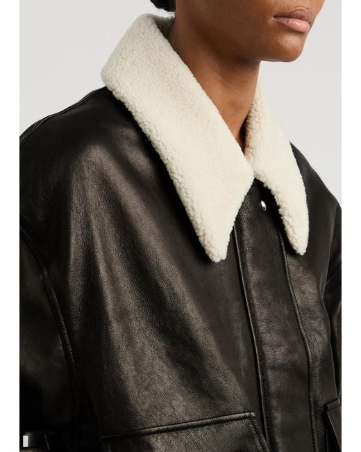 Khaite Black Shellar Shearling-Trimmed Leather Bomber Jacket