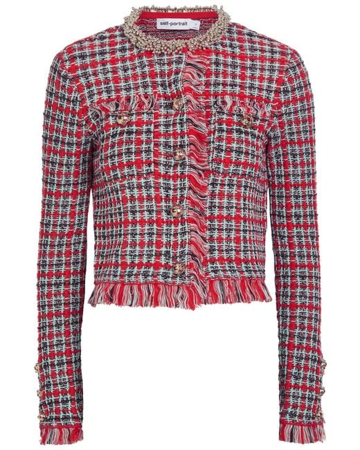 Self-Portrait Red Checked-Knit Cotton-Blend Jacket