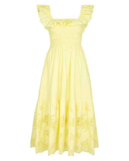 Self-Portrait Yellow Lace-Panelled Cotton-Poplin Midi Dress