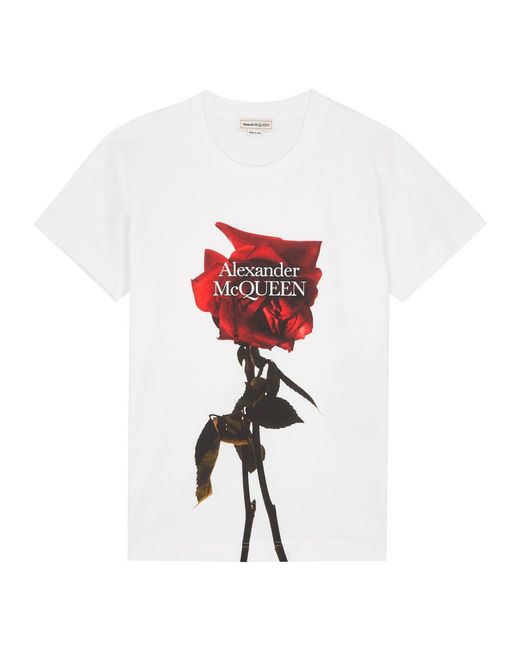 Alexander McQueen White Shadow Rose Printed Cotton T-Shirt