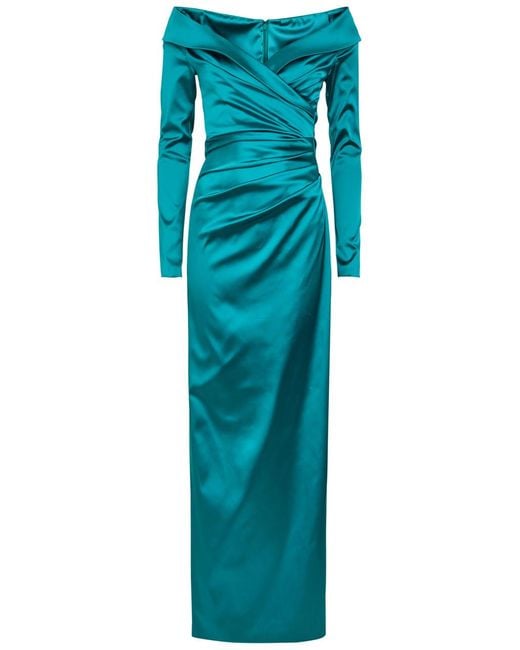 Talbot Runhof Blue Off-The-Shoulder Gathered Satin Maxi Dress